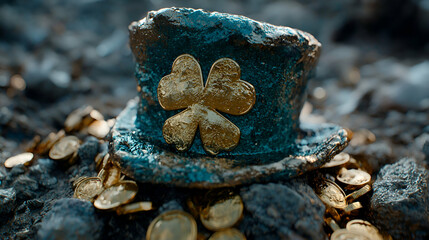 A weathered top hat adorned with a golden clover sits atop a pile of coins, evoking themes of luck and treasure.