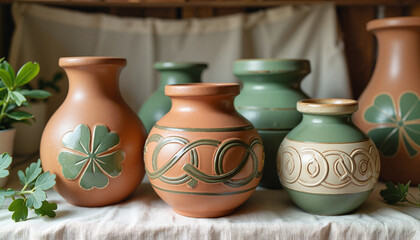 Hand-crafted Celtic clay pots on linen shelf, artisan craftsmanship