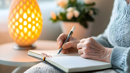 longevity lifestyle vitality concept. A person writes in a notebook while seated beside a decorative lamp and flowers.