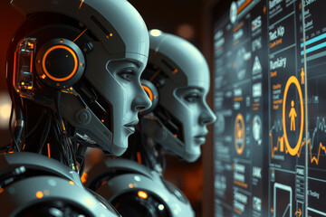 Fototapeta premium Two futuristic robots analyze data digital screen, showcasing advanced technology and artificial intelligence modern setting. scene is illuminated by ambient lighting, highlighting sleek design of