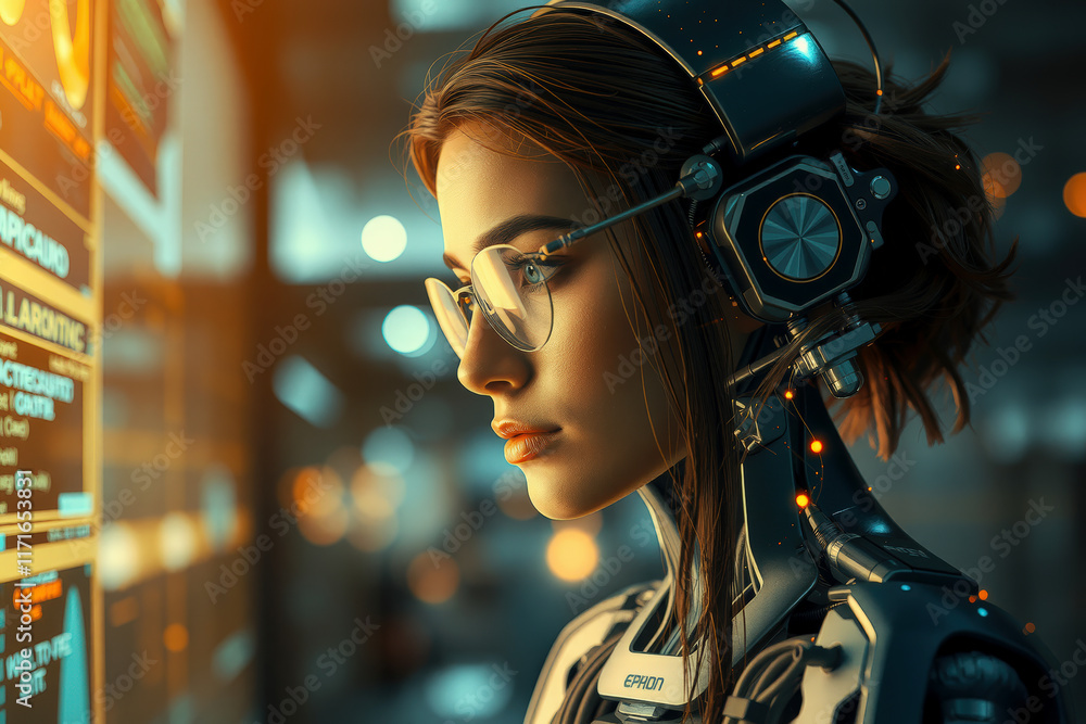 Poster futuristic woman with robotic enhancements and glasses interacts with digital interface, showcasing 