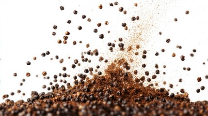 scattered ground pepper grains swirl upward in a dynamic explosion against a pristine white backdrop capturing the essence of spice in motion