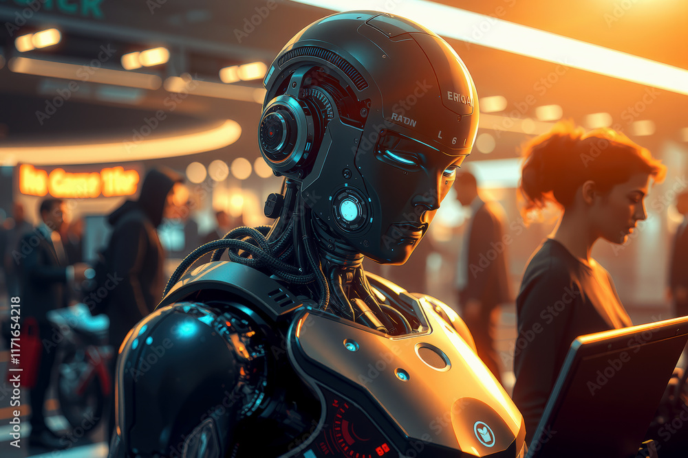 Poster futuristic humanoid robot stands in busy airport terminal, interacting with digital tablet. scene is
