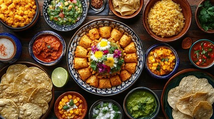 Overhead shot of various Mexican dishes including tacos, salsa, guacamole, and corn.