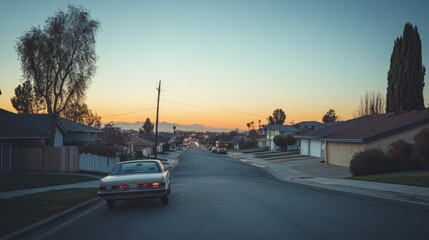Obraz premium Sunset residential street, classic car parked, houses.