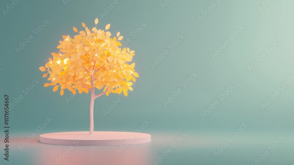 Poster a vibrant yellow tree stands on a circular base against a soft teal background, creating a serene an