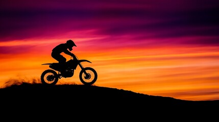 Silhouette of a motocross rider speeding across the landscape at sunset. Vivid oranges and purples paint the sky.