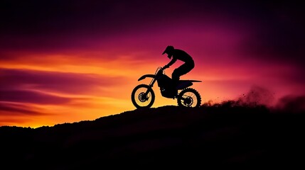 Naklejka premium Silhouette of a male motocross rider ascending a hill at sunset. Fiery hues paint the sky as he conquers the terrain.