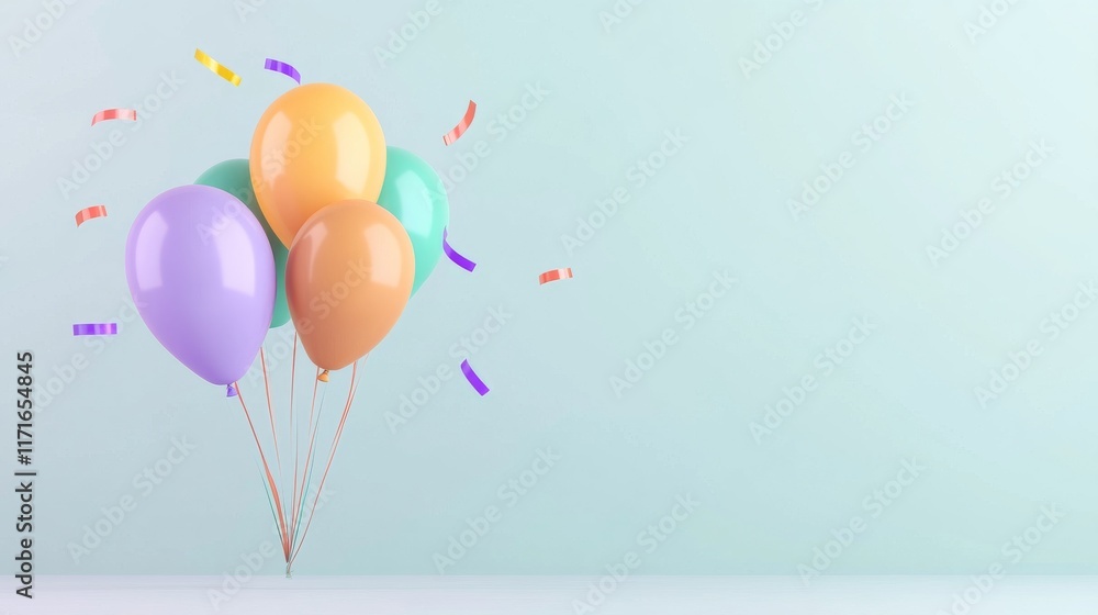 Poster colorful balloons float against a soft background, surrounded by confetti, creating a festive and ch