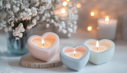 Heart shaped candles burning near gypsophila flowers creating romantic atmosphere