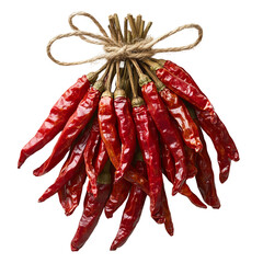 A string of dried red chili peppers tied together with rustic twine on a transparent background, Dried Red Chili Garland on a transparent background