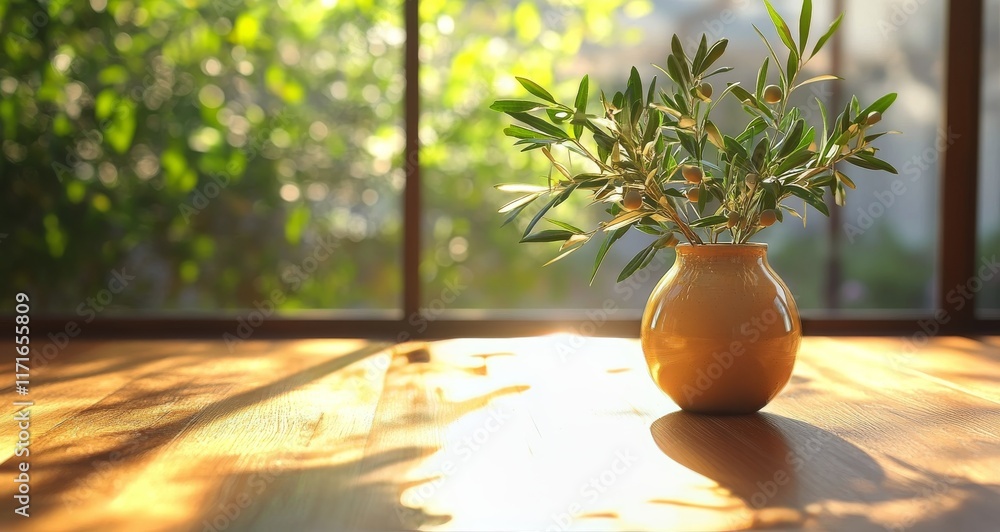 Poster sunlight filters through window illuminating olive branch in vase on wooden table