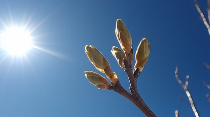 Spring buds on a branch against a bright sun and blue sky.
