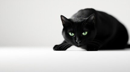 sleek black cat gracefully posed against a stark white background showcasing its elegant features and striking green eyes capturing the essence of feline beauty and mystery in a minimalist style