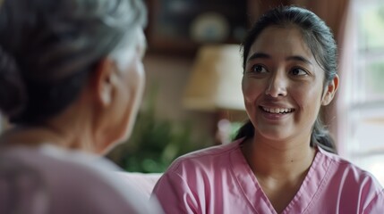 Fototapeta premium Healthcare support and compassion in homecare services, highlighting the positive role of caregivers in assisting seniors during rehabilitation