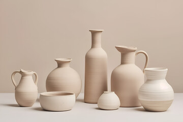 Collection of minimalist ceramic vases and pots in neutral colors on a soft background
