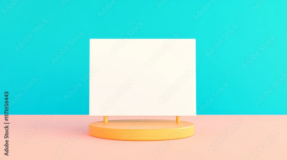 Poster a minimalistic display with a blank canvas on a vibrant stand, set against a bright turquoise and so