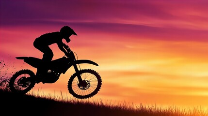 Fototapeta premium Silhouette of a motocross rider soaring across a vibrant sunset, a breathtaking display of adrenaline and nature's beauty.