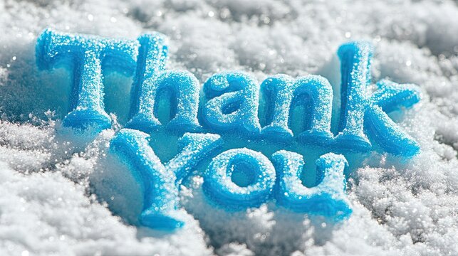 A frost-covered message in icy blue reading Thank You sits amidst snowy terrain, celebrating Thank You Day in a serene winter environment