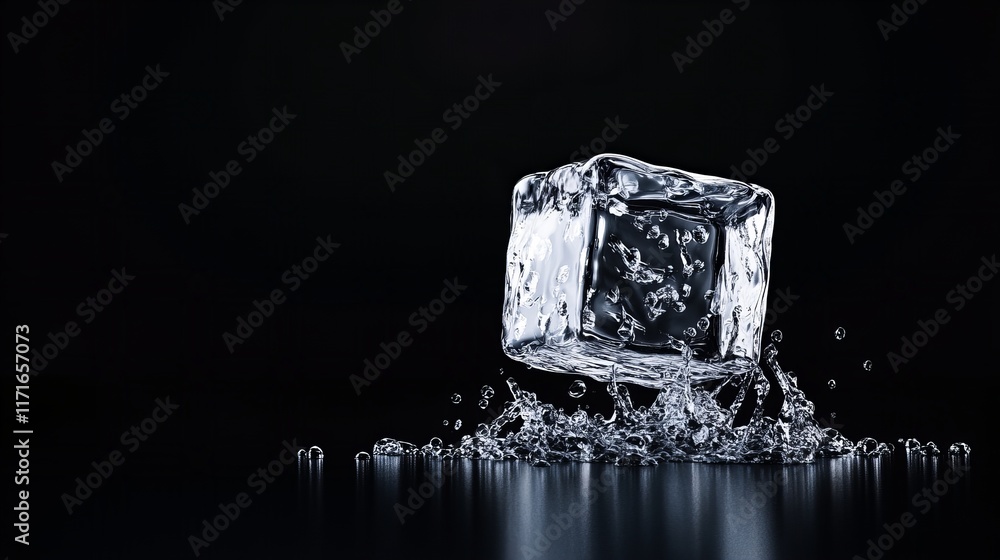 Poster ice cube splashing into water. crystal clear ice on black background. cool, refreshing image.