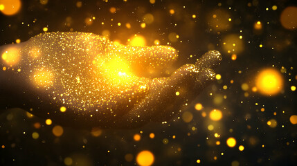 Fototapeta premium Glowing golden glitter on hands, sparkling bokeh background. Perfect for luxury, celebration, and magical concepts.