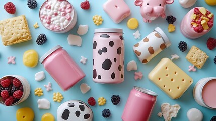 Dairy Delights: A whimsical flat lay showcasing an array of pink and cow-print dairy products, alongside colorful candies and fresh berries, creating a vibrant and playful scene.