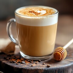 Warm cup of coffee with honey on wooden table in cozy setting
