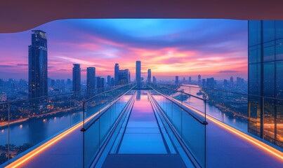 Fototapeta premium Cityscape sunset view from glass walkway.