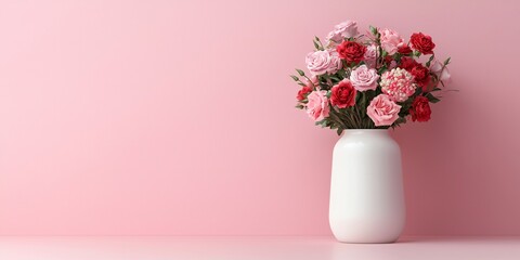 Obraz premium Valentine's Day Romantic Pink and Red Roses Bouquet in White Vase Elegant Flower Arrangement Soft Pink Background