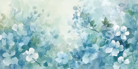 Delicate watercolor floral background with soft muted colors of blue and green for decorative and creative projects