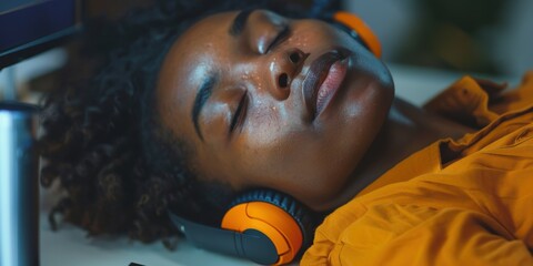 Tired woman resting at a customer service desk, taking a break from work, and relaxing during her nap