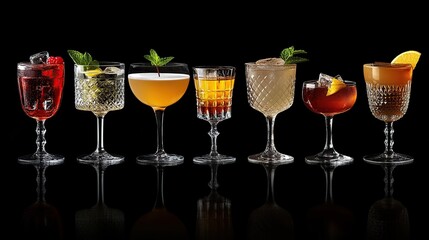 Seven elegant cocktails in crystal glasses on black reflective surface.