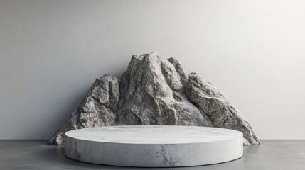 Creative pedestal with rock mountain on grey background with mock up place. 3D Rendering