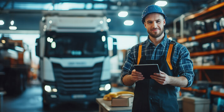 A male mechanic of European appearance stands in a modern heavy truck repair shop on the right. A mechanic stands in front of a large truck. The car repair shop's advertising banner.