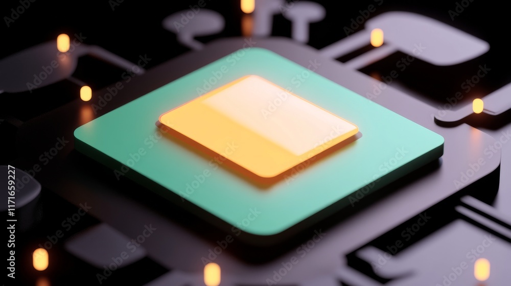 Poster a close-up of a microchip with a glowing design, highlighting technological innovation and digital c