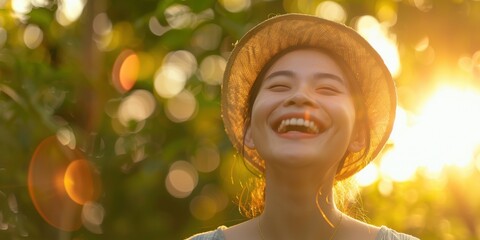 Fototapeta premium Portrait of a joyful woman enjoying a relaxed stroll in a natural setting, smiling and cheerful while embracing the fresh air and adventure, with laughter and excitement in a blurred backdrop