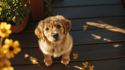 The image features a cute puppy with fluffy fur and large, expressive eyes, standing on a wooden deck surrounded by potted plants and yellow flowers