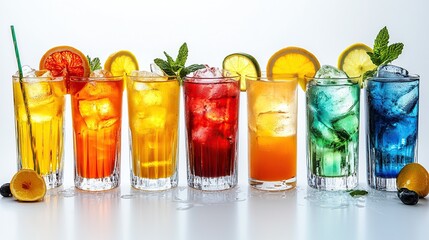 Eight colorful refreshing summer cocktails in highball glasses with ice and fruit garnishes.
