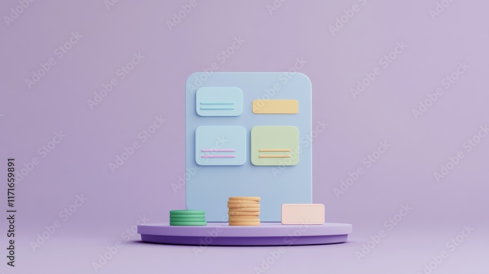 Poster a minimalistic design featuring pastel sticky notes on a stand, with colorful circular elements arra
