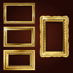 Empty painting picture frame with golden engraved and carved wooden borders. A set of decorative retro ornamental detailed picture frames. Old classic vector baroque golden gilded empty frameworks.