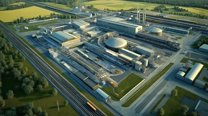 Modern factory complex showcases efficiency and industrial growth in expansive surroundings