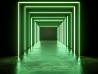 Fototapeta premium Green Neon Lights Illuminate Dark Corridor