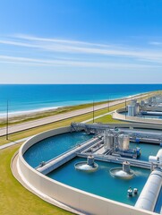 Obraz premium Modern water desalination plant located along a coastal area under a bright blue sky