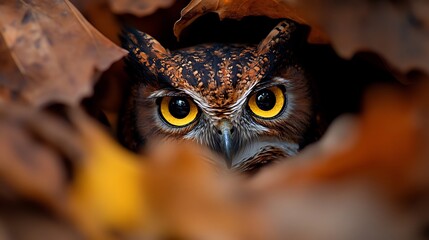 Close-up of a Brown Hawk Owl Hidden in Autumn Leaves