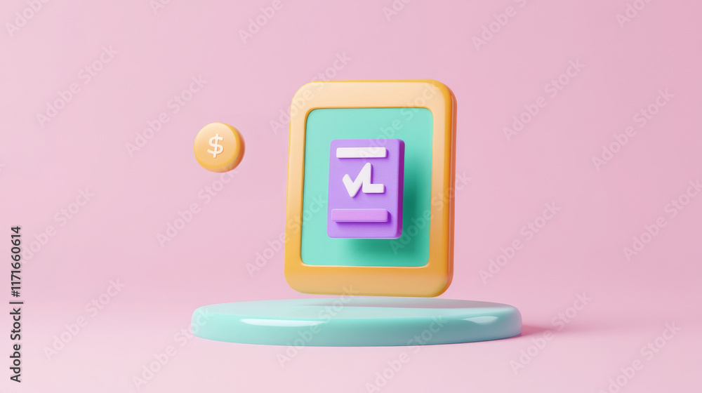 Aufkleber a colorful, modern 3d design featuring a floating frame with an abstract symbol against a pink backg
