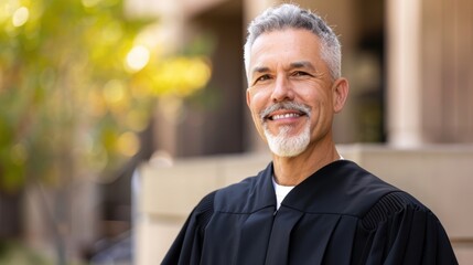 Obraz premium Portrait of a senior judge outdoors during a break from a trial, exuding confidence and authority in the pursuit of justice
