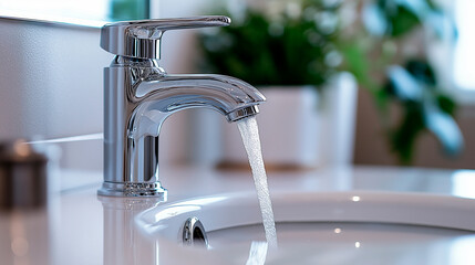 Flowing water from a modern faucet in a bathroom with a plant in the background