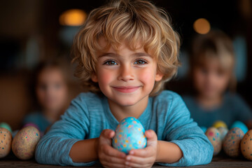 Fototapeta premium Child with colorful decorated egg smiles during springtime festivities