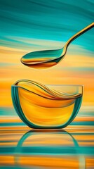 Golden liquid in glass bowl with spoon, abstract background.