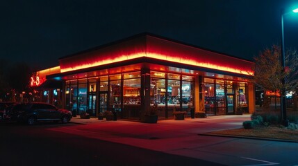 Fototapeta premium Nighttime illuminated building; red accents, parked car.
